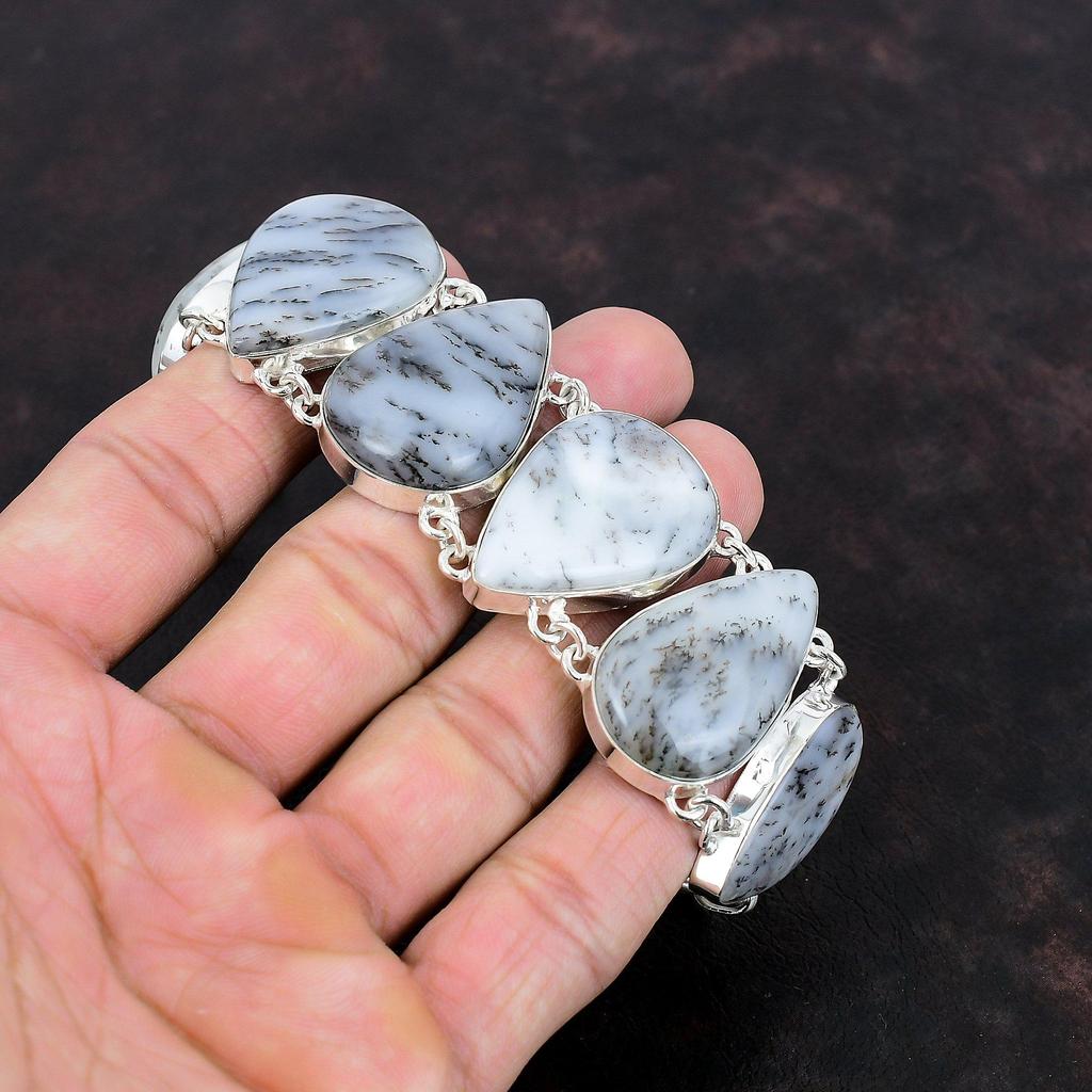 Dendriten-Opal-Armband, echter Edelstein-Schmuck, 925er-Sterlingsilber-Armband, handgefertigt, schönes Armband, verstellbares Kettenarmband, Geschenk für Mama