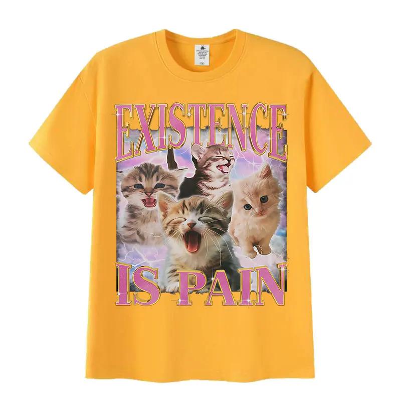 

Existence Is Pain Funny Cat Meme T Shirt Men Women s Aesthetic Clothing Short Sleeve T-Shirts Summer Cotton Tops Vintage T-shirt XXXL жовтий