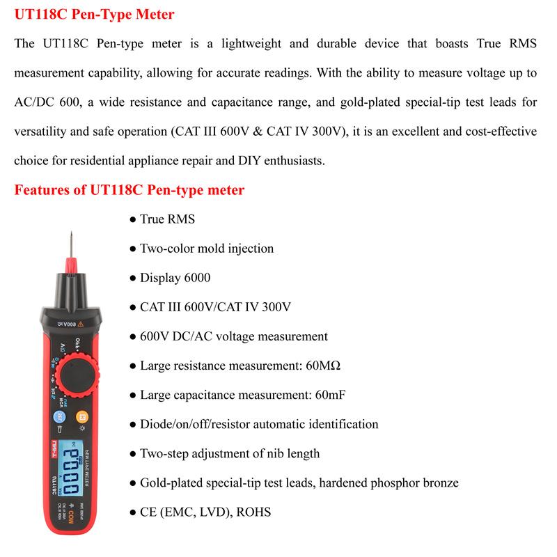 UNI-T UT118C/UT118B Pen-Type Meter; Full Scale Overload Protection Electrician's Meter/EF Measurement