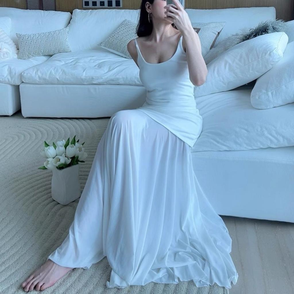 Black Mesh Patchwork Backless Spaghetti Strap Dress for Women, Summer Slimming Slimming Hip-hugging Fishtail French Long Dress