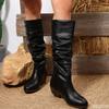 Women's Pleated High Boots Autumn New Style Thick Heel Anti Slip Wear-resistant Simple  Comfortable Retro Mid Heeled Long Boots