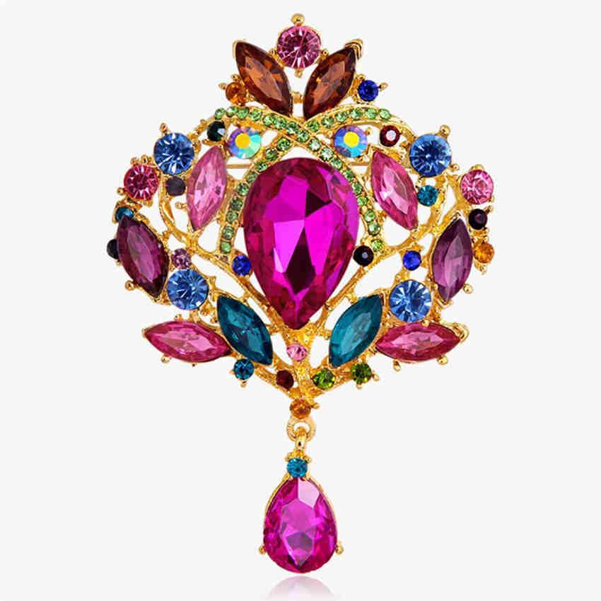 Fashion Females Glass Teardrop Pendant Gorgeous Flower Shape Large Drop Brooch Pin