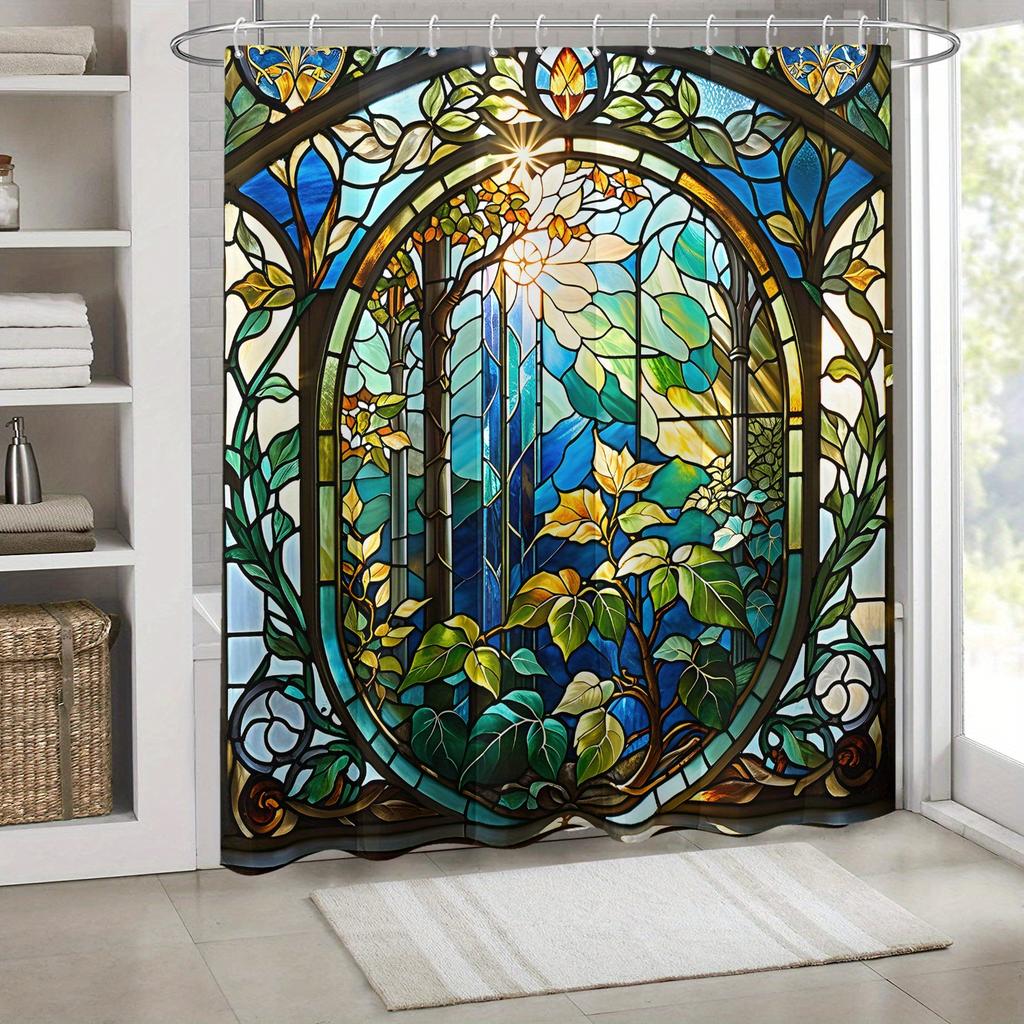 Enchanted Forest Stained Glass Shower Curtain - Whimsical Bath Decor, Perfect for Those Who Love Nature-Inspired