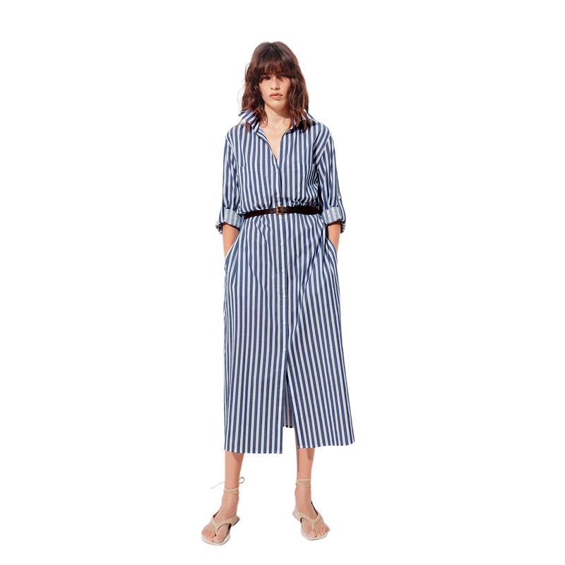 

MO&Co. Французское хлопковое платье-рубашка в морскую полоску с поясом S
