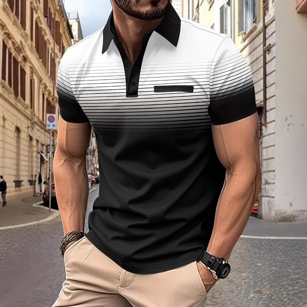 Men’s T-shirt: Summer Business, Fashion, Casual and Sports Short-sleeved Striped Printed Collared Polo Shirt