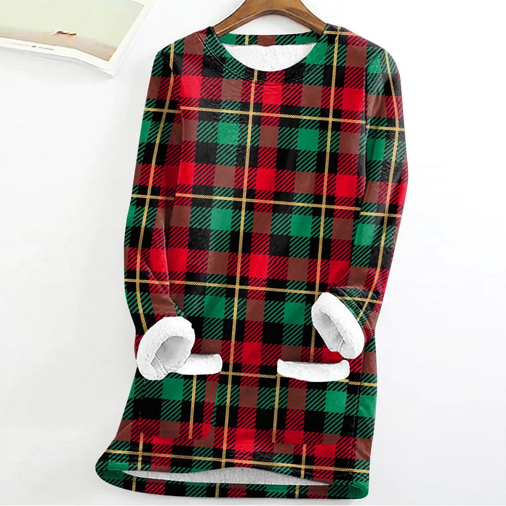 Women's Fashion Plaid Print Round Neck Long Sleeve Plush Winter Warm Pullover Top