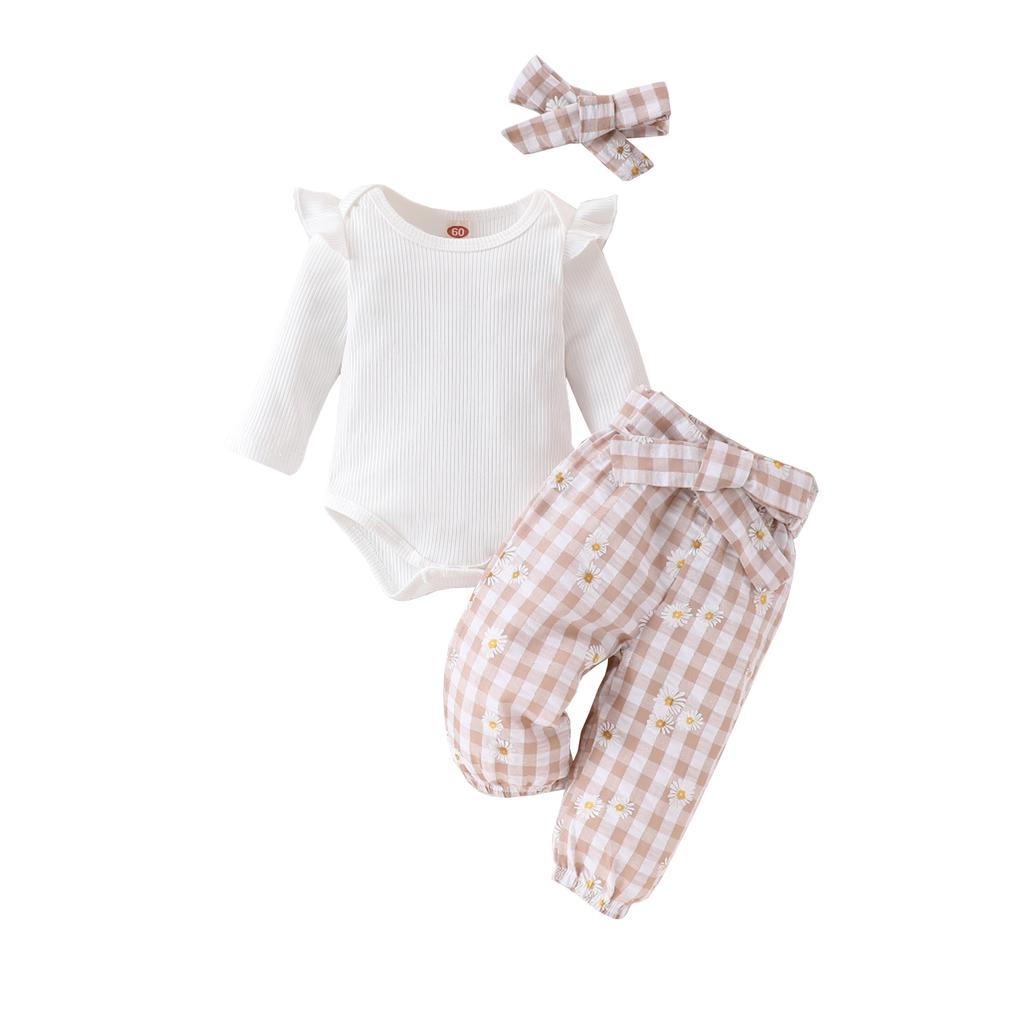 Baby Girl Fall Outfit, Long Sleeve Ribbed Romper Checkerboard Pants Daisy Headband Belt 4 Piece Set
