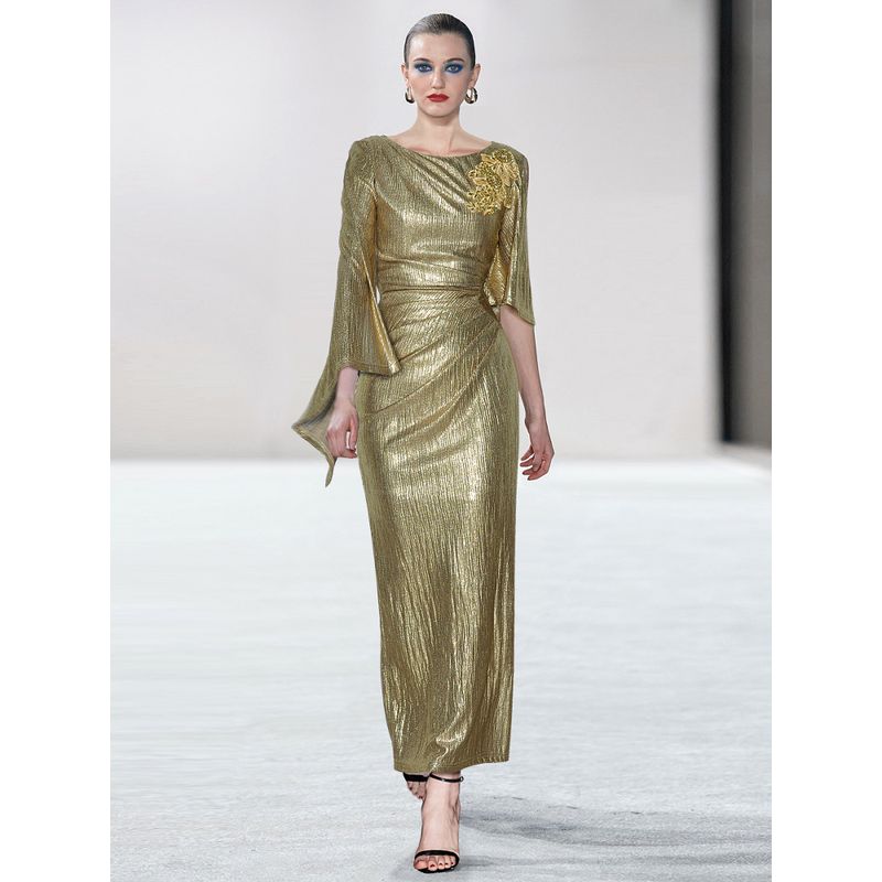 

round Neck Lotus Leaf Sleeve Beads Diamond Embroidered Waist Hugging Sheath Long Guest dresses Fashion Dress 2025 Spring and Summer New Gold M