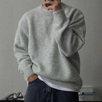 Suéter de Tricô Masculino Liso com Gola Redonda - Ombro Caído, Quente, Versátil, Estilo Relaxado, Roupa Externa Engrossada para Primavera e Outono.