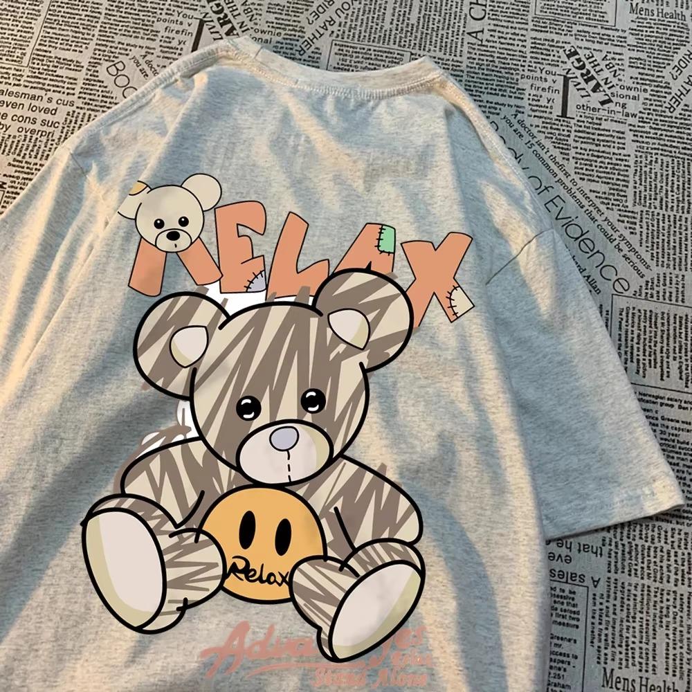 Relax Oneself Teddy Bear Men Women T-Shirt Street Cotton T Shirt Crewneck Breathable Tops Loose Summer T Shirt Crewneck Fashion