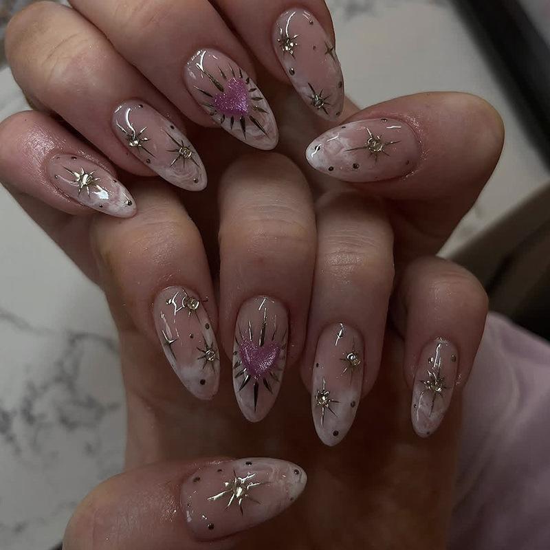 24Pcs White French Smudge Almond Press On Nails Y2K Gold Star Pink Heart Glossy False Nails
