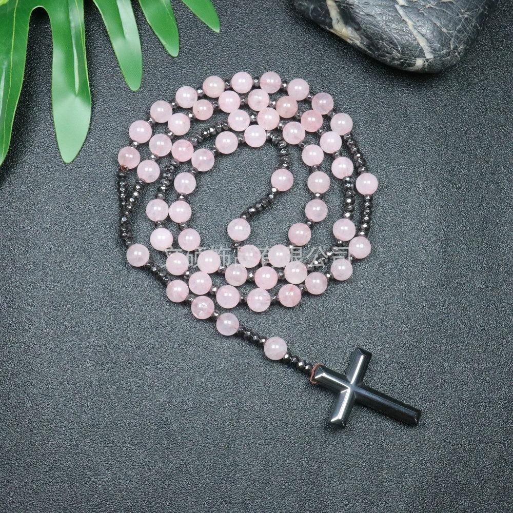 Collier pendentif croix en pierre naturelle, Croix en pierre d'œil de tigre et fer à bille chapelet collier pour homme