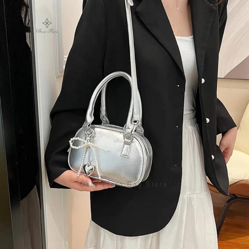 Cute Trendy Women's Mini Shoulder Bag Fashion PU Leather Bow Female Crossbody Bag Elegant Silver Party Handbag Sweet Small Purse