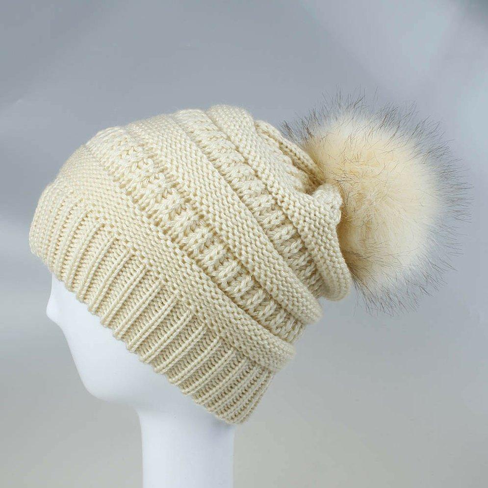 LAUSONS Womens Warm Winter Ribbed Knit Faux Fur Bobble Hat Double Pom Pom Beanie