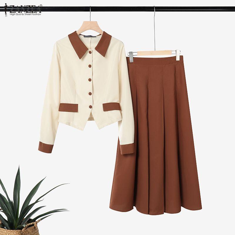 ZANZEA Women Long Sleeve Blouse and Skirts Casual Two Piece Suit Sets