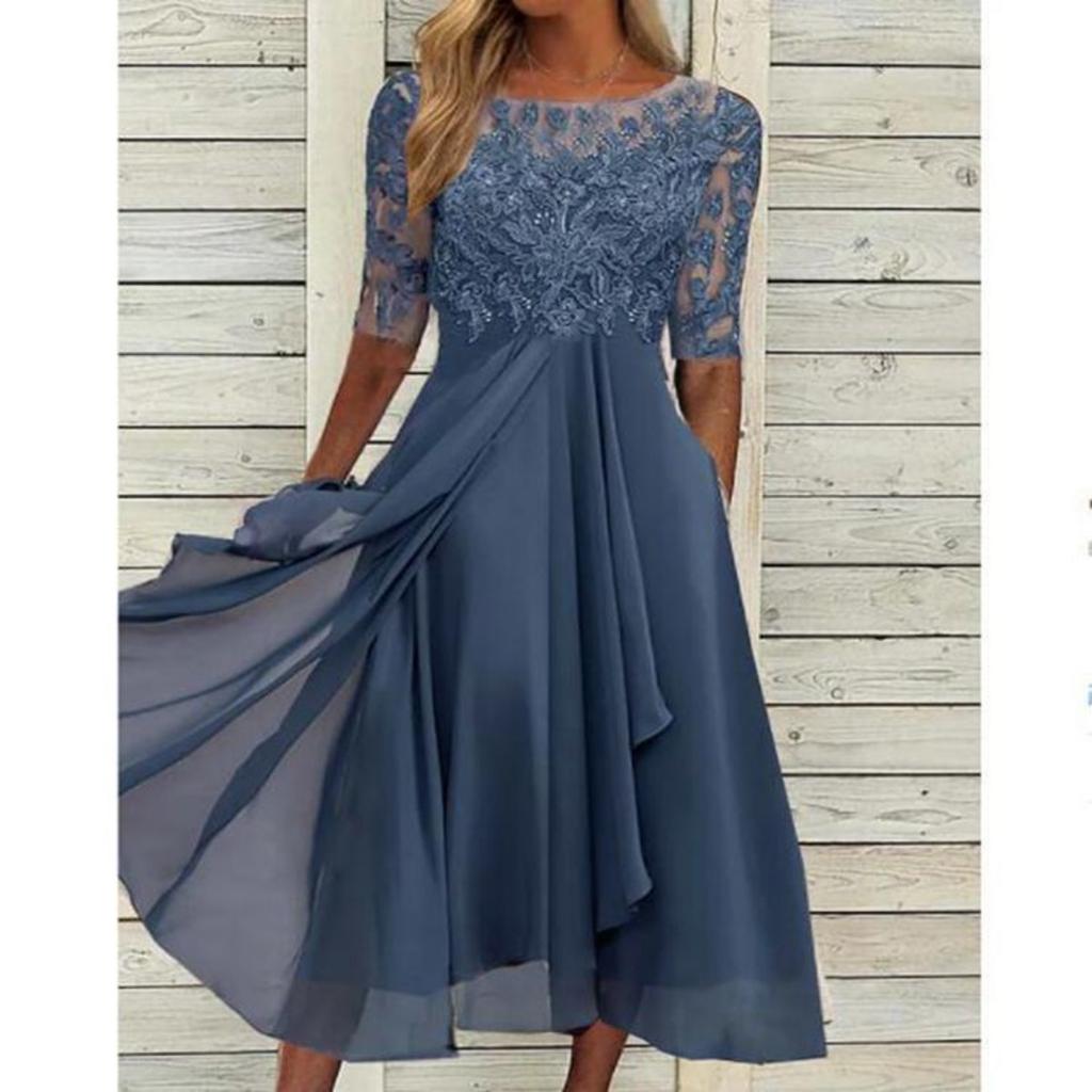 Women's Chiffon Patchwork Lace Hollow Out Long Dress Bridesmaid Evening Party Gown European Style Crossbody Dress for Formal Occasion