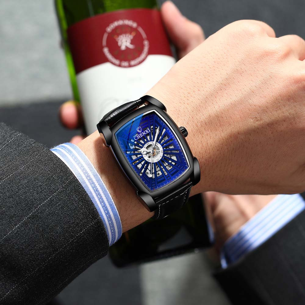 CHENXI Automatic Mechanical Watch for Men Tonneau Shape Skeleton Dial Waterproof Square Wristwatch relojes para hombres