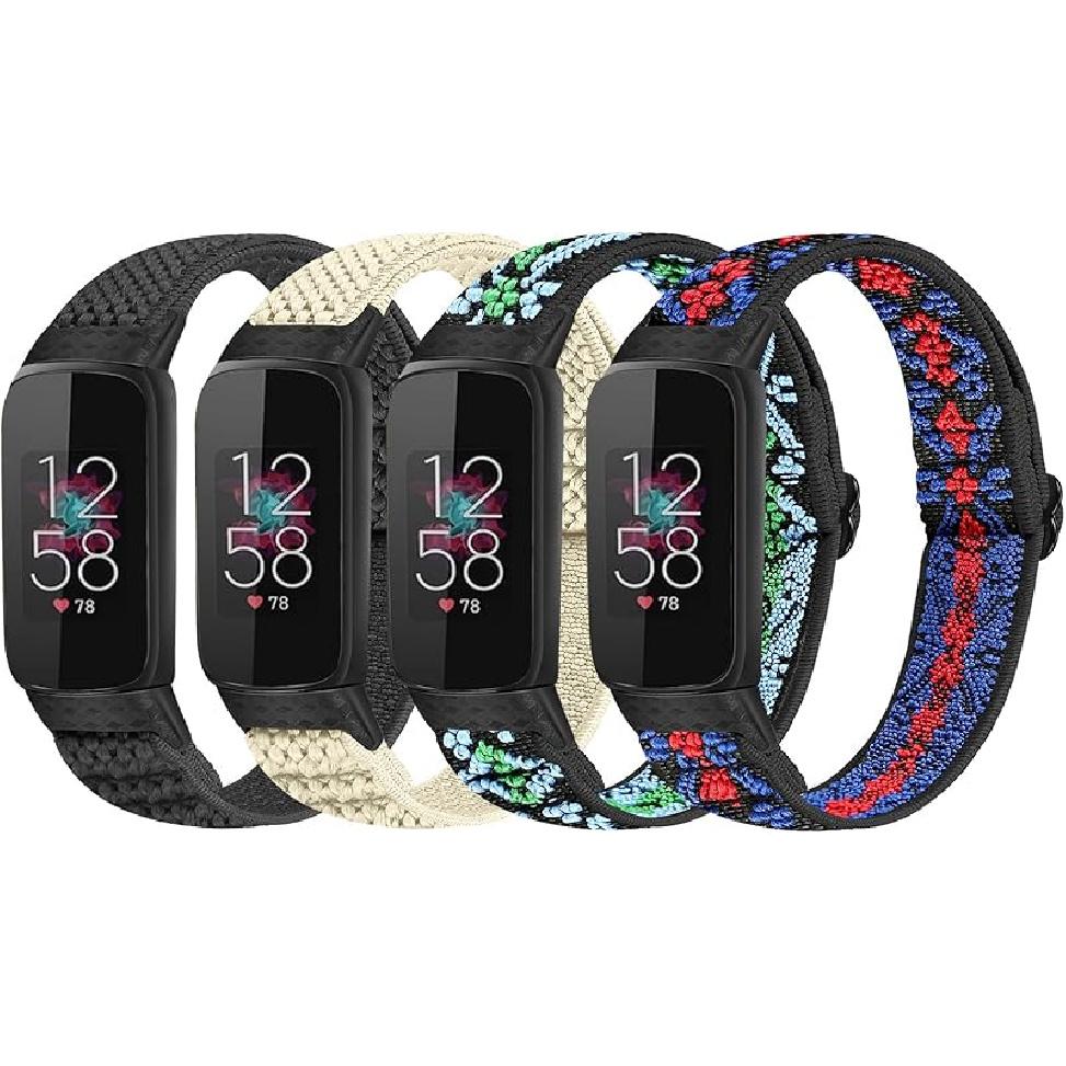 4 Pack Elastic Bands Compatible with Fitbit Luxe Bands, Soft Adjustable Nylon Sport Loop Stretchy Straps Replacement Wristband Women Men for Fitbit Black+Beige+Bohemian Red+