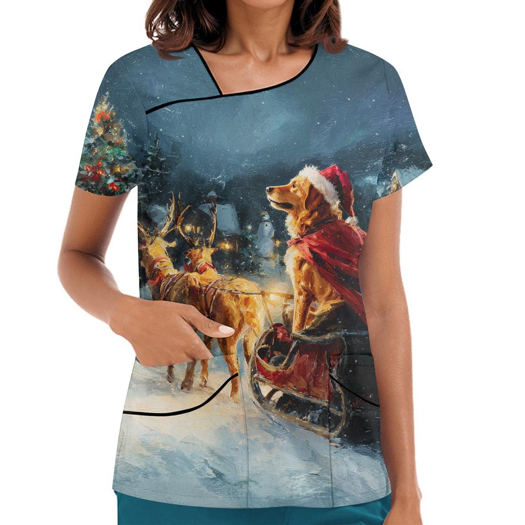 Women's Printed Work Clothes, Sloping Collar And Double Layer Pockets, Basic Top Pullover