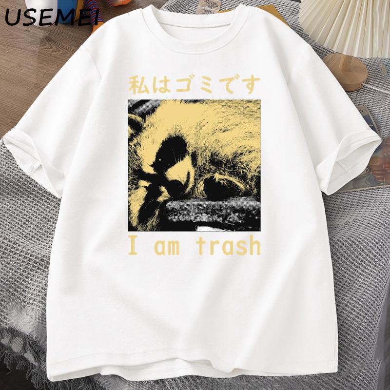 I Am Trash Japanese Raccoon Print Tshirt Harajuku Vintage High Quality Cotton Short Sleeve T-shirt Men's Clothing Top Streetwear