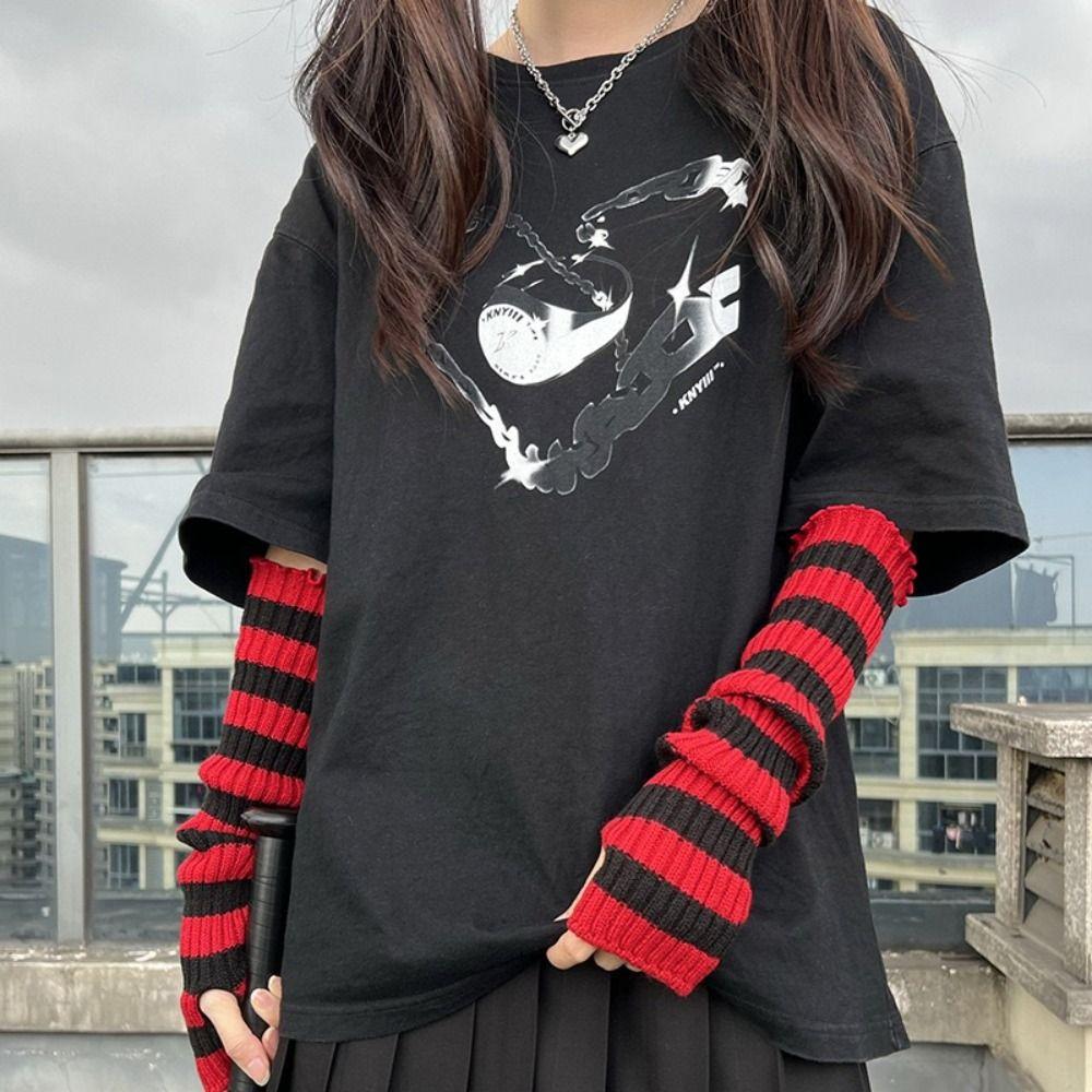 Lolita Striped Knitted Arm Sleeves Long Arm Warm Gloves Cute Fingerless Arm Warmers Party