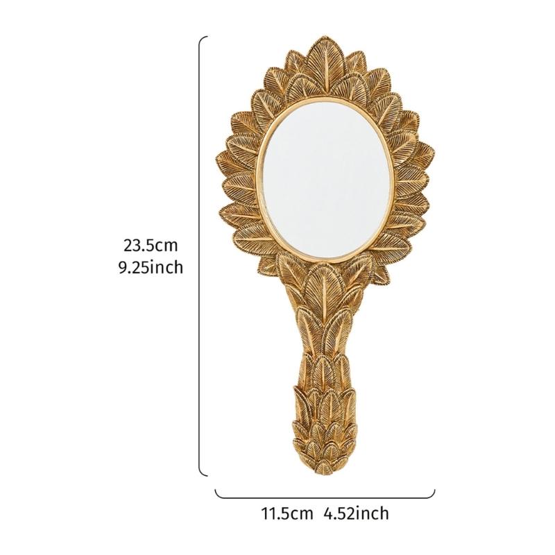 Golden Leaf Embossing Frame Wall Mirror Decorative Oval Handheld Mirror with Handle, Resin Accent Piece for Bedroom Vanity Hallway and Study Decors