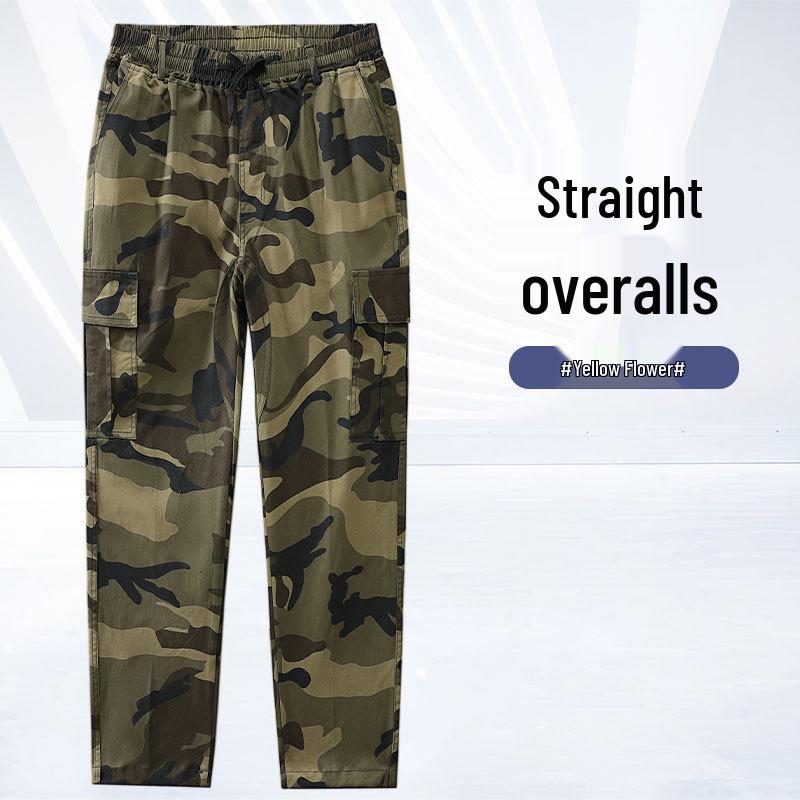 Men's Elastic Camouflage Cargo Pants: Wear-Resistant, Multi-Pocket, Skinny Fit, with Increased Crotch for Work Safety.