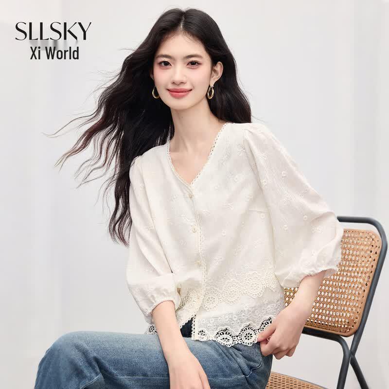 Sllsky French Embroidered V-neck Blouse for Women M