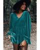 Azura Exchange Sea Green Velvet V Neck Peplum Hem Puff Sleeve Blouse