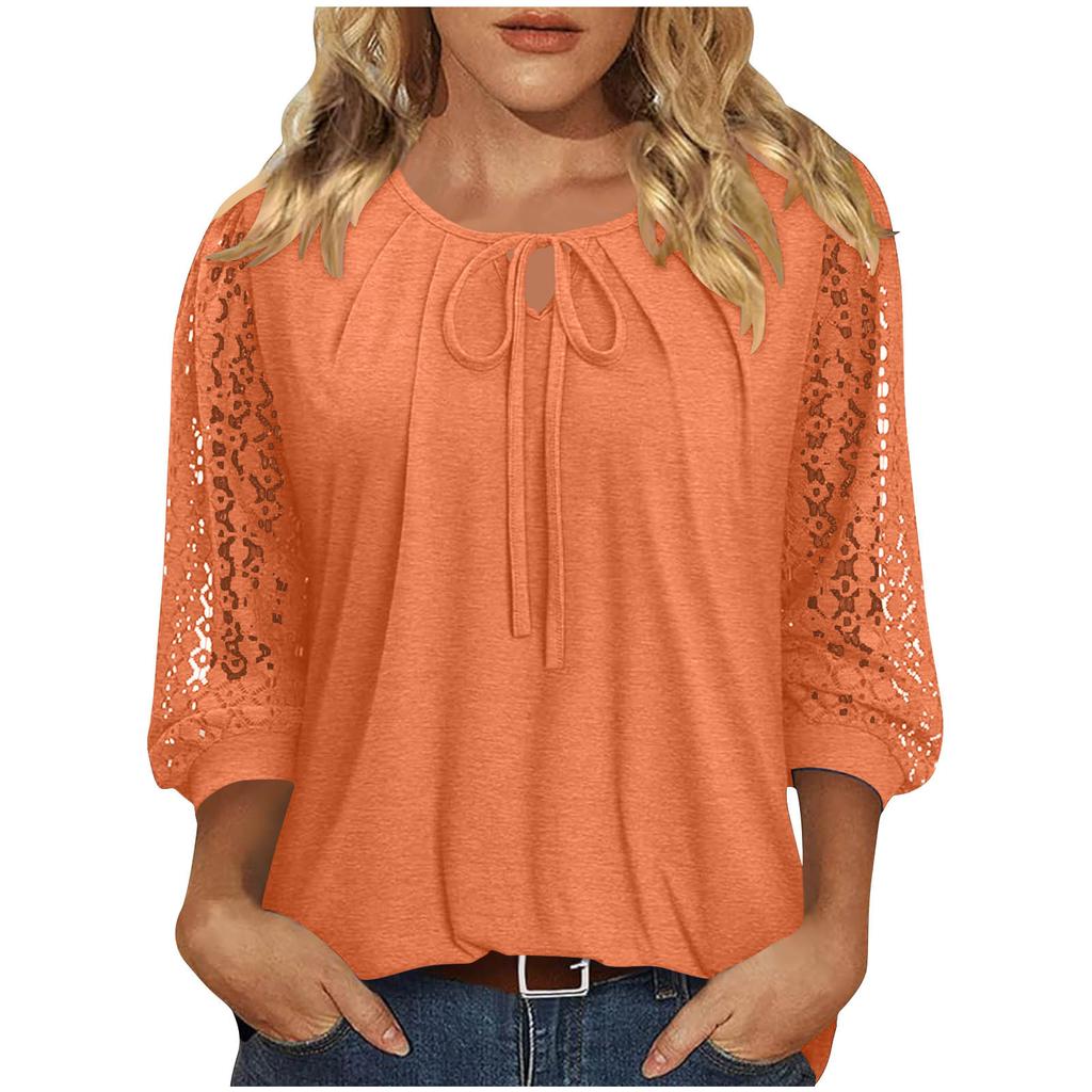 Women's Lace-Up Blouse, Loose Fit, Casual, Sheer Lace