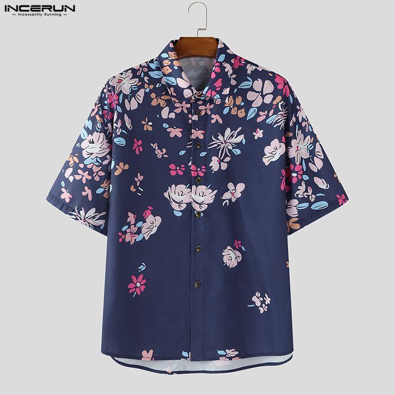 INCERUN Übergroße Herren Hemden mit Reverskragen, kurzen Ärmeln, Blumendruck, lässig und locker
