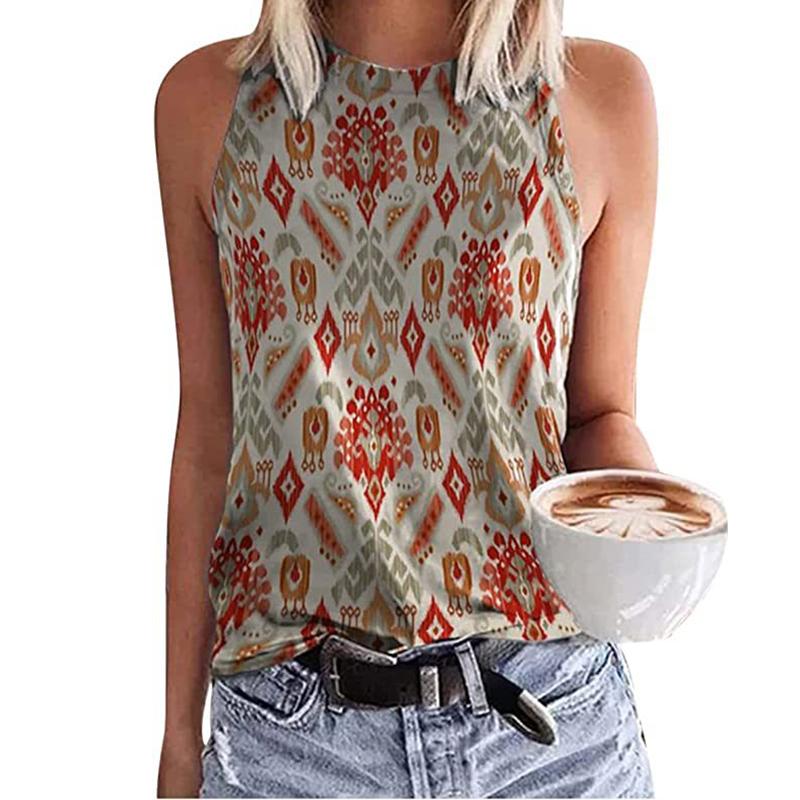 Women's Geometric Ethnic Style 3D Printed Sleeveless T-shirt, Street Clothing, Y2K Top, Shoulderless Tank Top, Sexy T-shirt