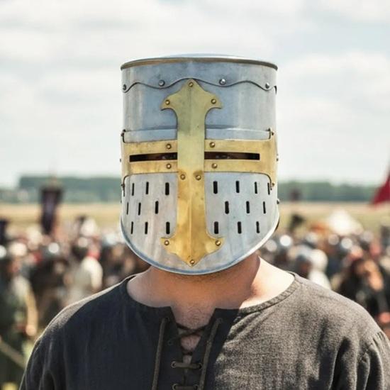 Templar Crusader Helmet, Handmade Knight Helmet with Golden Cross, Medieval Steel Great Helm for Cosplay,