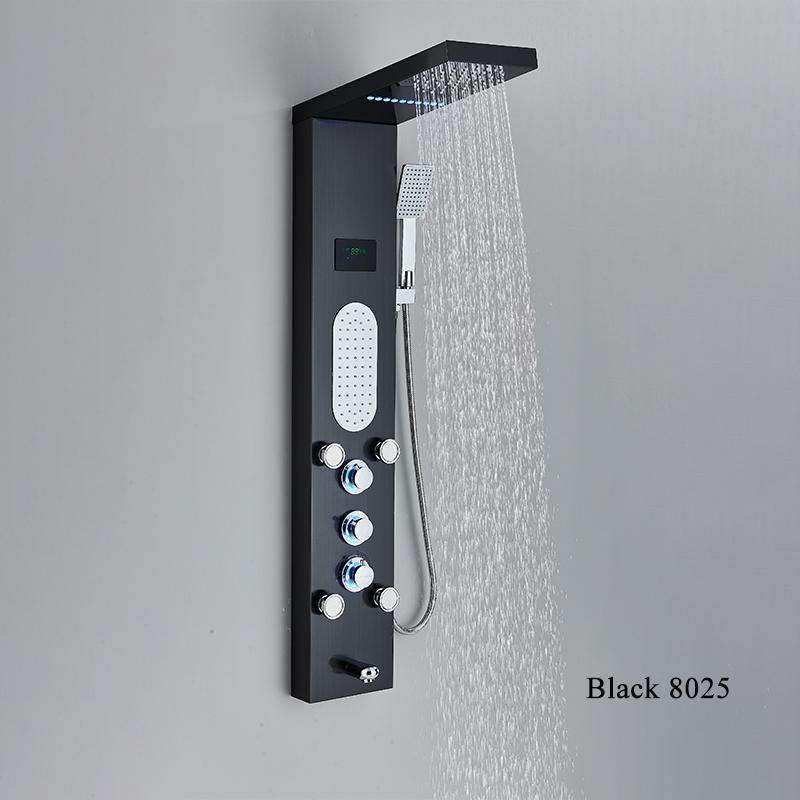 Digital Display Rainfall LED Light Shower Panel Shower Bathroom Black SPA Massage Jet With Handshower Bidet Sprayer Shower Tap