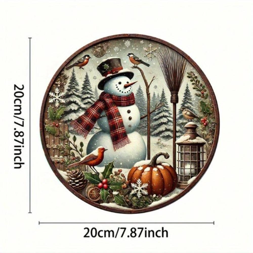 Vintage Tin Wall Sign Snowman Christmas Round Metal Decor 7.8 Inch Home Ornament