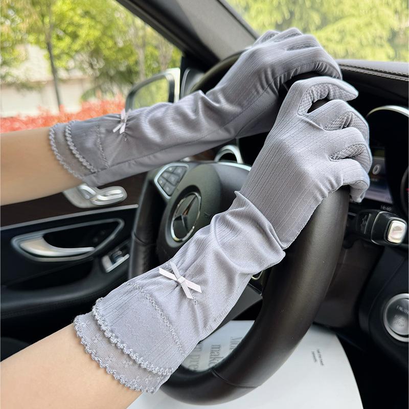 

Ice silk spring and autumn thin UV protection summer riding driving cycling non-slip touch screen women s lace sunscreen gloves темно-серого