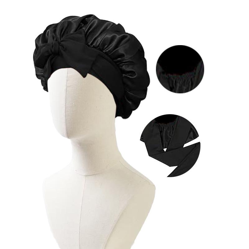 Satin Nightcap with Ribbon Bowknot, Double-Sided Silk Hair Cap, Leopard Print