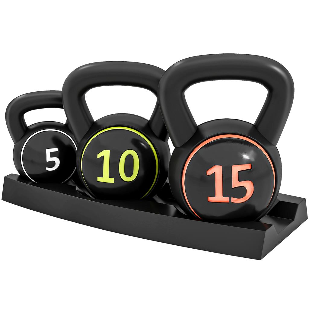 Three-Piece Kettlebell Set. 5lbs. 10lbs. 15lbs with Storage Tray