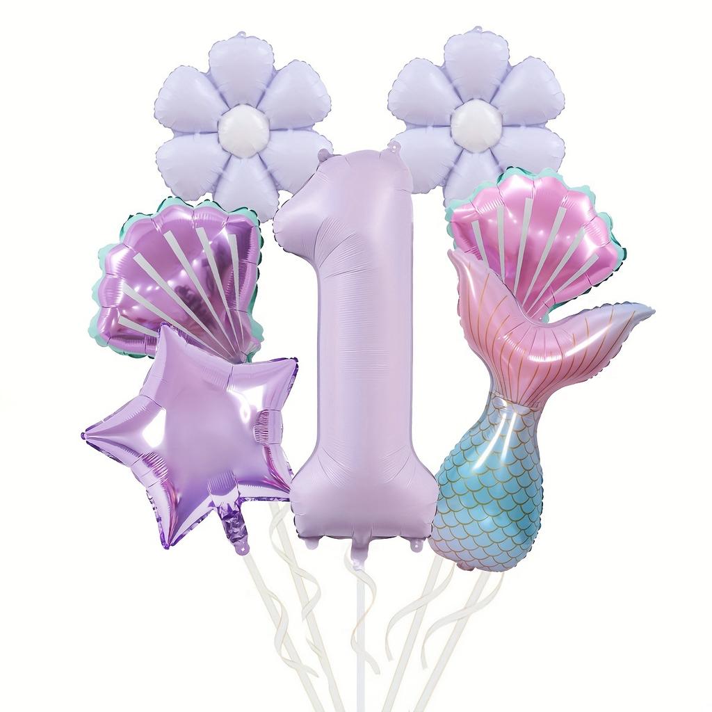 Mermaid Theme Balloon Set, Fish Tail Shell Shape 40-inch Digital Aluminum Film Birthday Party Decoration Props