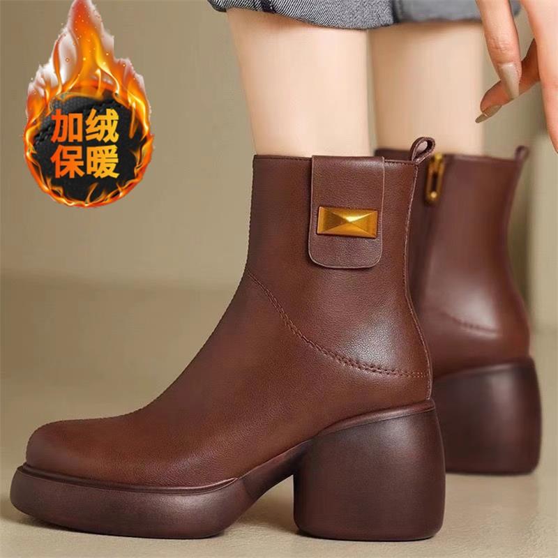 thick-soled Martin boots women's soft leather spring and autumn single boots 2025 new winter high-heeled side zipper thick heel thin short boots