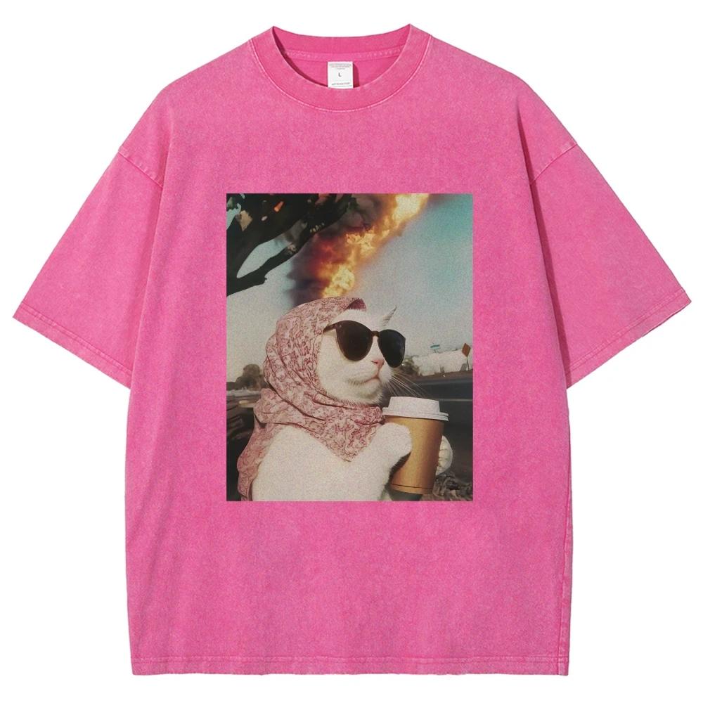 Cool Cat Meme T Shirts Unisex Washed Tees Men Women's Fashion Short Sleeve T-shirts Cotton Oversized T-shirt Streetwear