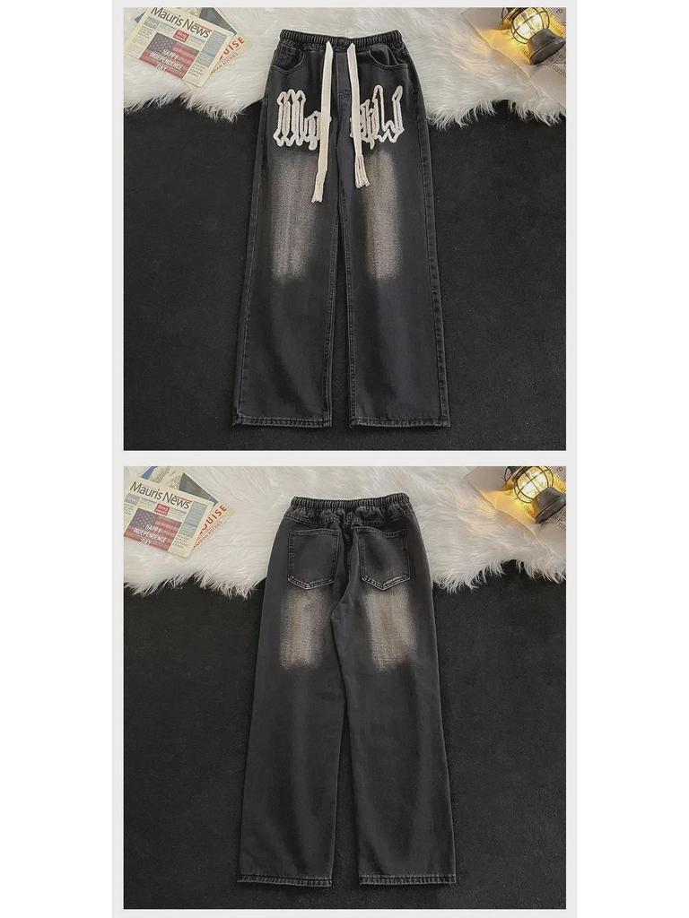 Męskie modne dżinsy proste na każdą porę roku z haftem