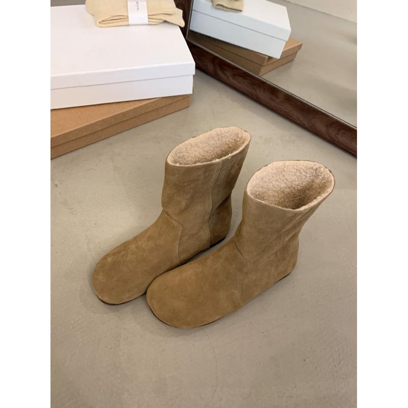 

2025 autumn and winter round head flat bottom thin short boots women s retro literary and artistic fur versatile temperament Martin boots 39 абрикосовый