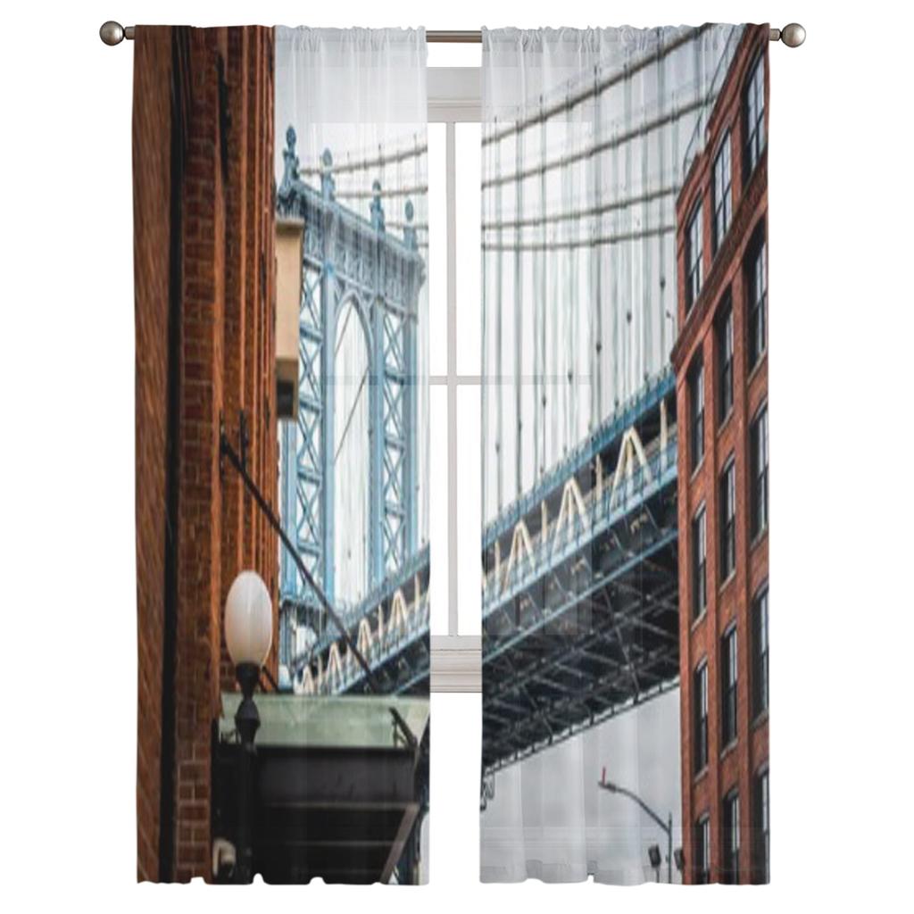 New York Cityscape Of Manhattan Downtown And Dumbo Bridge Brooklyn River Sheer Curtains for Bedroom Window Voiles Tulle Curtain