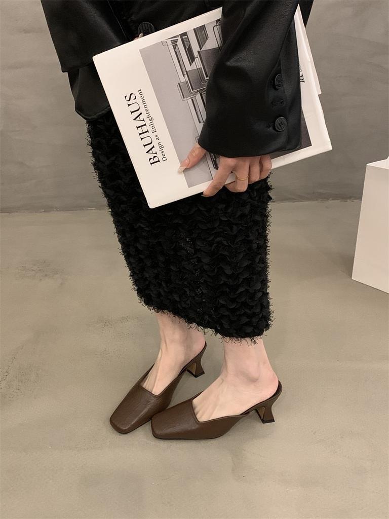 Temperament high-heeled bag head half slippers outer wear women's shoes spring and summer 2025 new thick heel not tired feet shallow mouth slippers