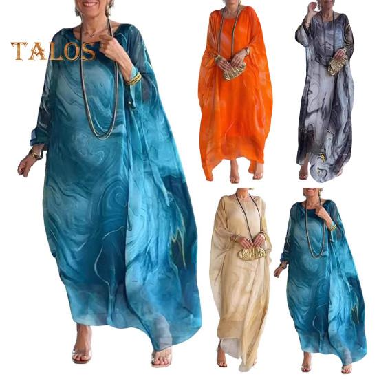 Rochie maxi pentru femei, fluidă, cu gât rotund, mâneci liliac neregulate, cu texturi de marmură, imprimate supradimensionate, până la gleznă, ocazională.