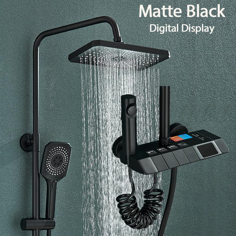 Grey Piano Digital Shower Set Intelligent Brass Bathroom Faucets Hot Cold Waterfall Tap Rainfall Gray Shower System Chuveiro