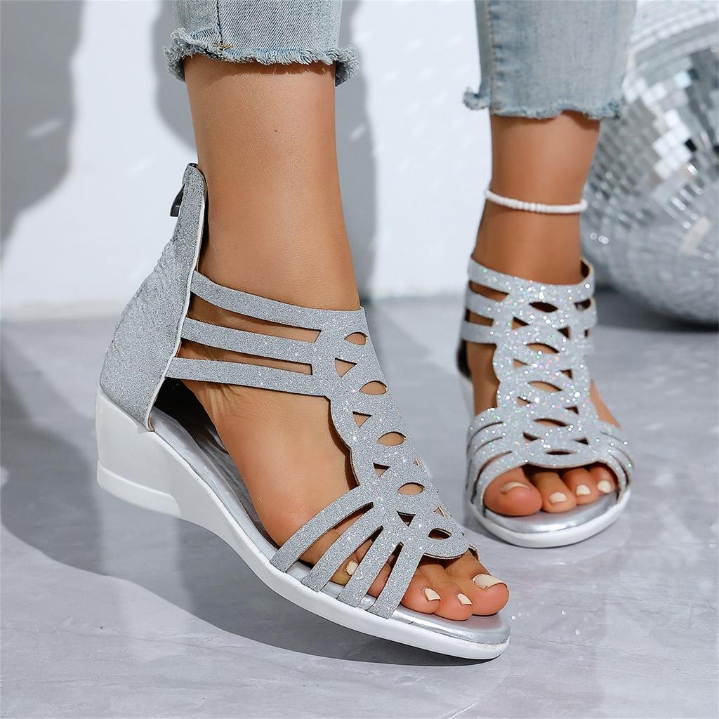 Women's Plus Size Wedge Sandals Open Toe Back Zipper Closure Cutout Design Slip On Casual Footwear for Summer