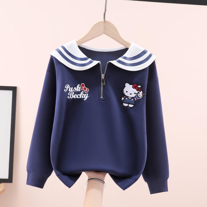 Girls' Sailor Collar Cartoon Sweatshirt - Seasonal Casual Top for Fall and Winter