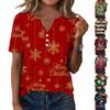 Women's Christmas Printed V-Neck Short Sleeve Button T-Shirt Casual Holiday Top